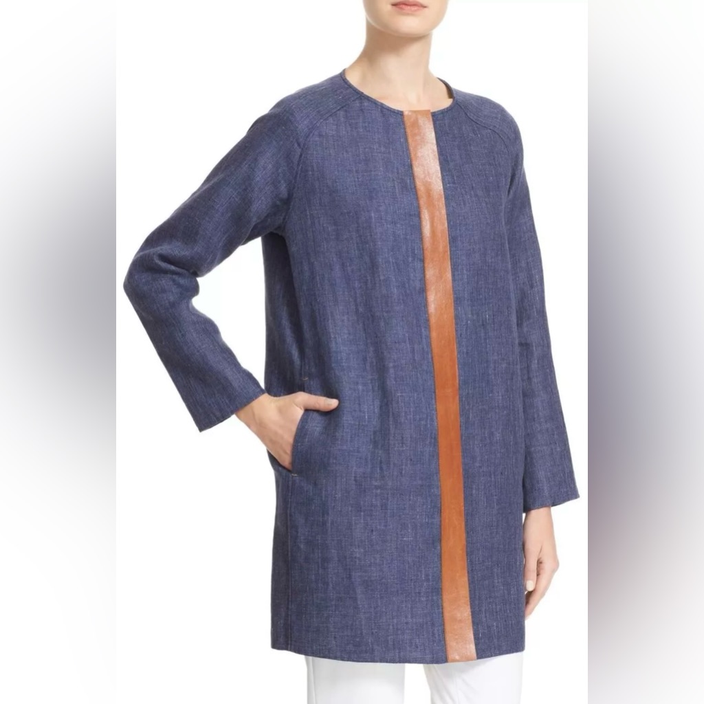 Lafayette 148 Berkeley Linen Coat With Leather Trim
